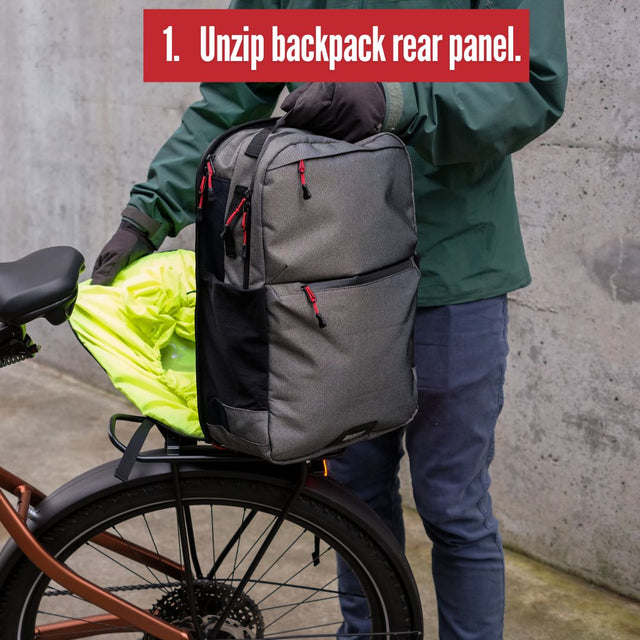 Two Wheel Gear Grey Inverter Pannier Backpack conversion step 1. unzip backpack rear panel