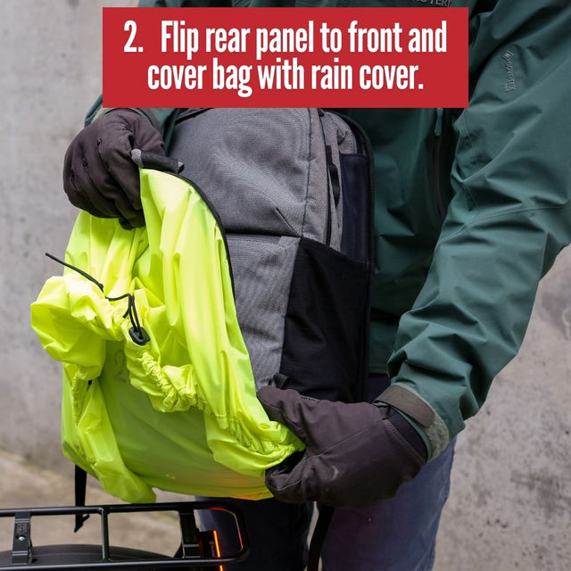 Two Wheel Gear Grey Inverter Pannier Backpack conversion step 2. flip rear panel to front and cover bag with rain cover