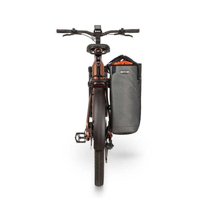 Two Wheel Gear Grey Solo Market Pannier  attached to electric bicycle sideview