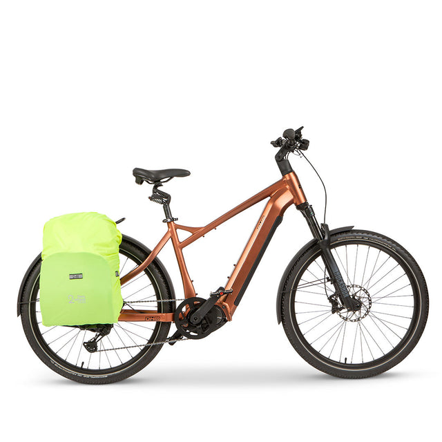 Two Wheel Gear Grey Inverter Pannier Backpack with rain cover attached to electric bicycle