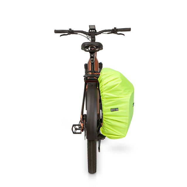 Two Wheel Gear Grey Inverter Pannier Backpack with rain cover attached to electric bicycle side view